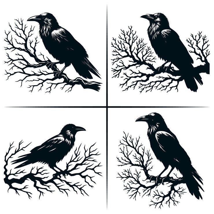 Vector raven on a branch crow svg black raven svg for cricut raven outline halloween crow bird