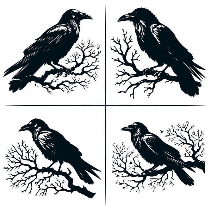 Vector raven on a branch crow svg black raven svg for cricut raven outline halloween crow bird