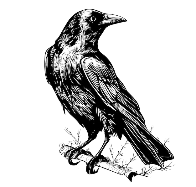 Vector raven crow hand drawn sketch illustration birds