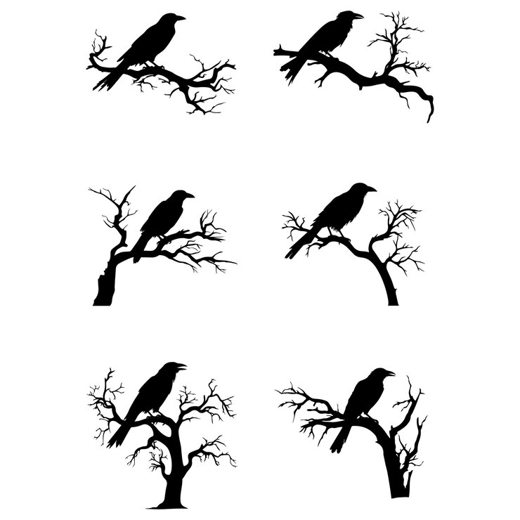 Vector raven dead tree in spooky halloween night vector set silhouette raven bird
