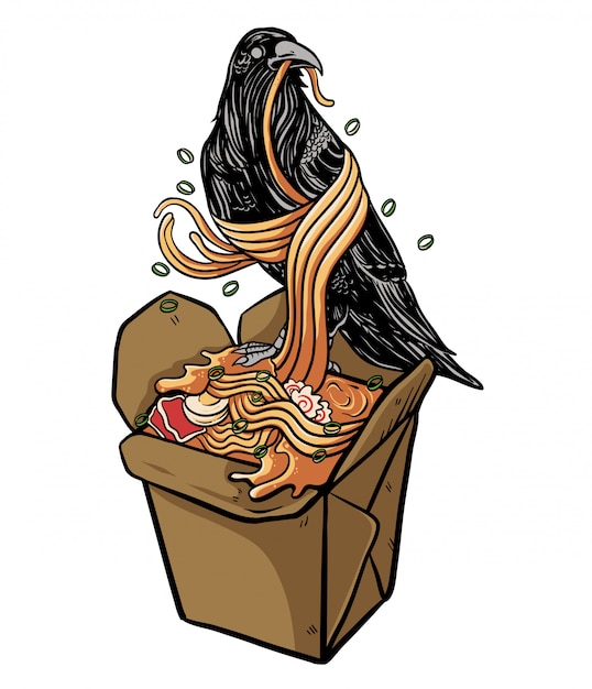 Vector raven eating ramen noodles illustration