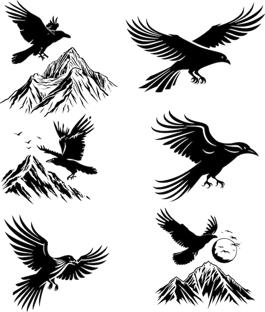 Ворон, летящий на горном силуэте Векторная иллюстрационная коллекция