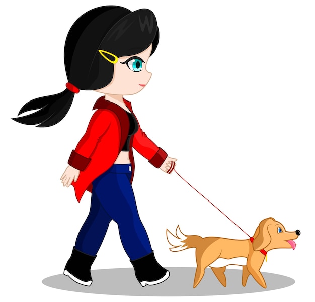 Raven Haired Girl Walking a Dog