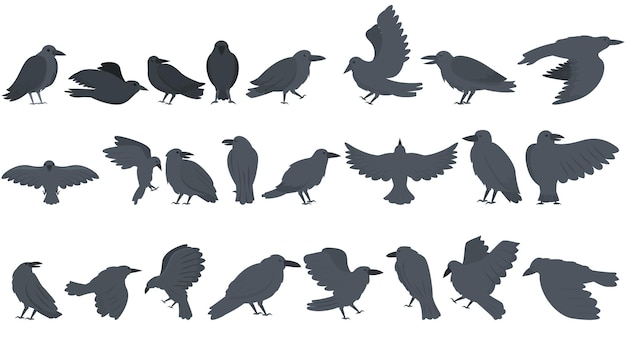 Raven icons set cartoon vector Animal bird Dark feather