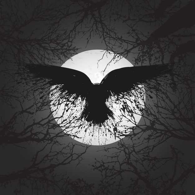 Vector raven night trees and moon