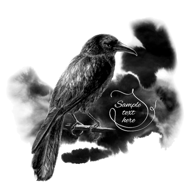 The raven sitting on a branch on a background of black ink stains Vector illustration