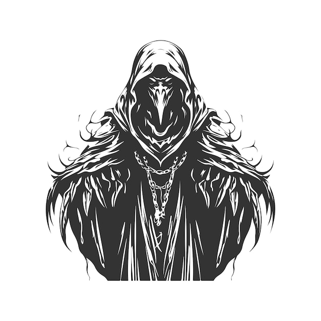 raven sorcerer, vintage logo line art concept black and white color, hand drawn illustration