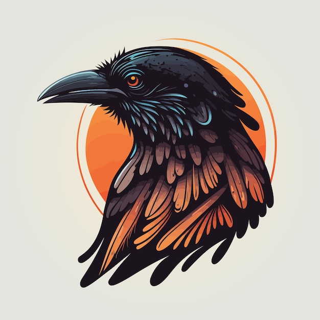 Raven stylized Illustration design, crow logo intricate details