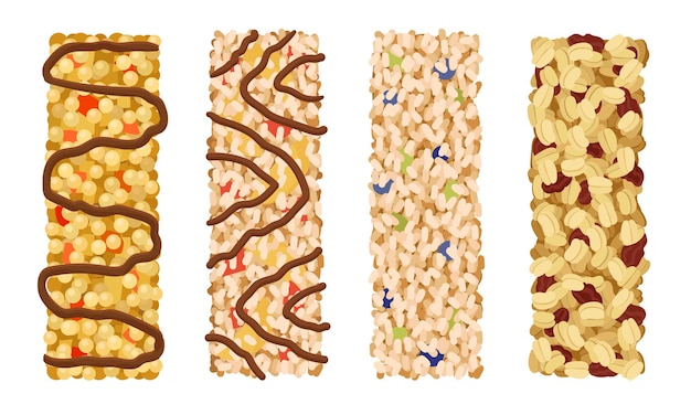 Raw bars or sweet granola bars with dried fruits and nuts vector set