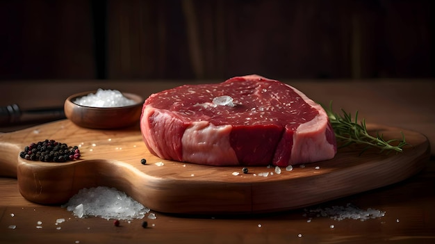 ベクトル キッチンの木の板を切る上にスパイス塩コショウを添えた生の牛肉ステーキ