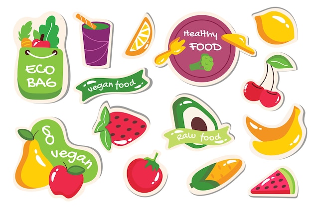 Raw food set in cartoon design Bright colors and meticulous designs highlight the freshness