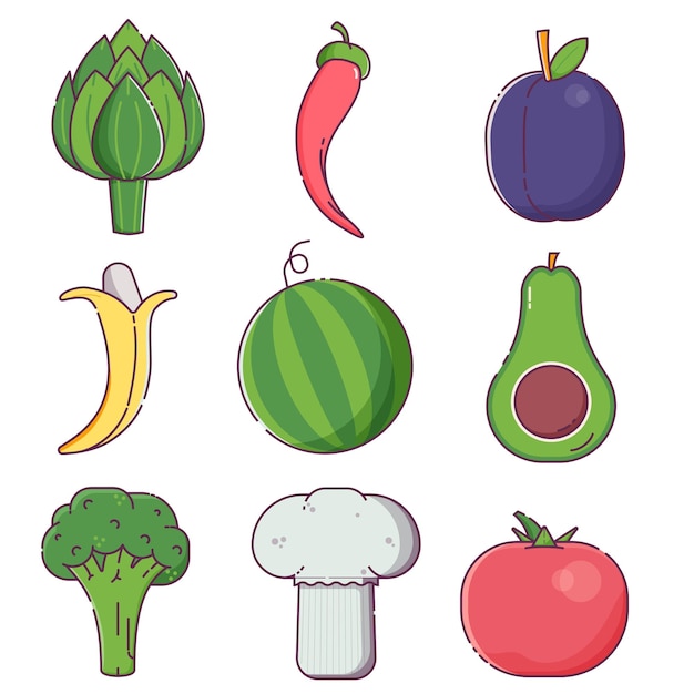 Raw fruit sand vegetables icons