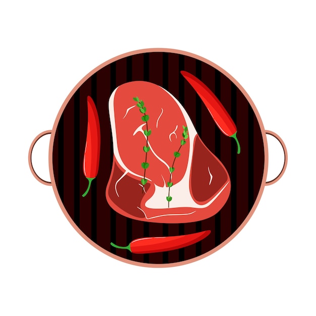 Вектор Сырой стейк на гриле с красным перцем и зеленью