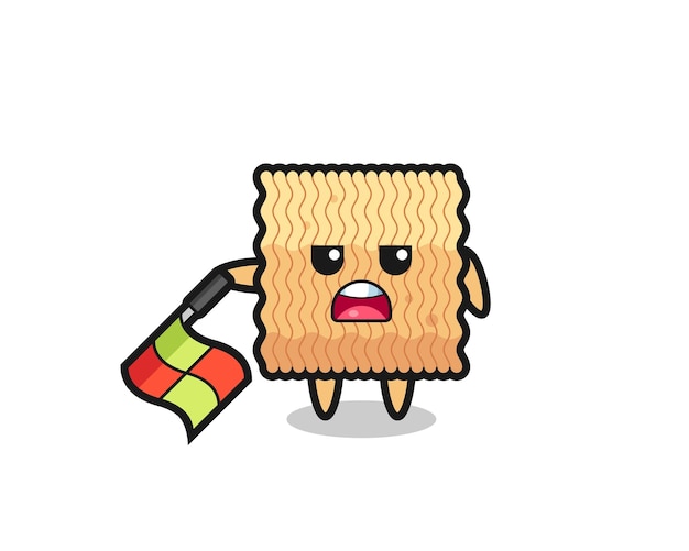 raw instant noodle character as line judge hold the flag down at a 45 degree angle
