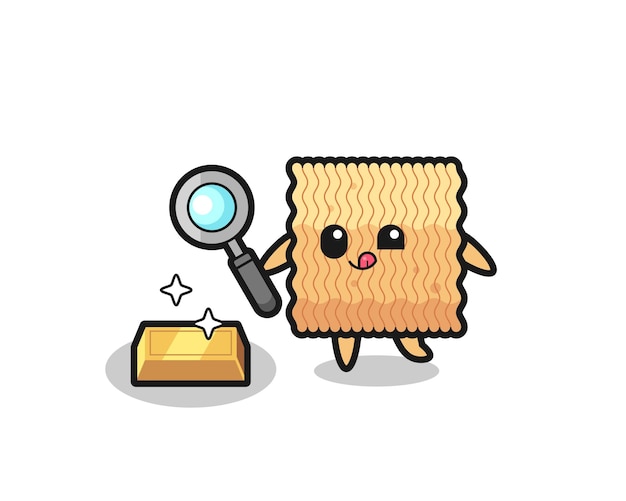 Raw instant noodle character is checking the authenticity of the gold bullion