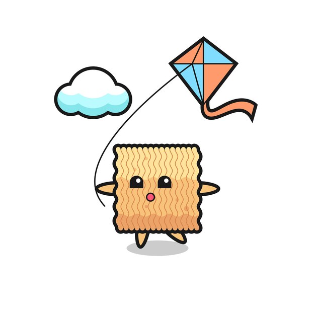 Raw instant noodle mascot illustration is playing kite , cute style design for t shirt, sticker, logo element