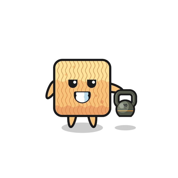 Raw instant noodle mascot lifting kettlebell in the gym cute design