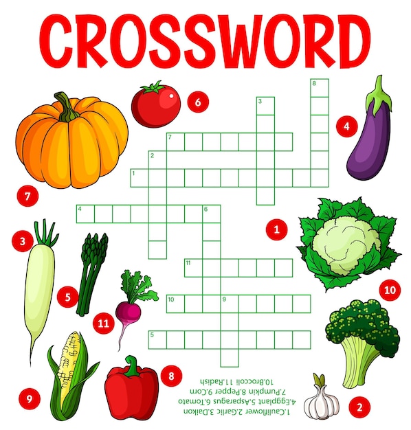 生の孤立した野菜のクロスワードパズルワークシート