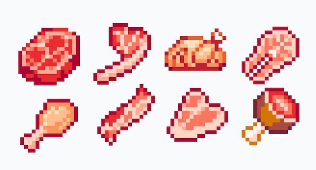 Set di pixel art per carne cruda collezione di bistecche di manzo e pesce a 8 bit sprite