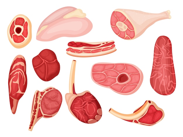 생고기. 돼지 고기, 양고기 또는 쇠고기 허리, 찹, 갈비 및 스테이크. 만화 원시 고기 아이콘 흰색 배경에 설정입니다. 바베큐 그림을위한 음식. 정육점 제품 이종