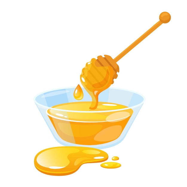 raw natural honey in glass bowl with wooden honey dipper isolated on white background