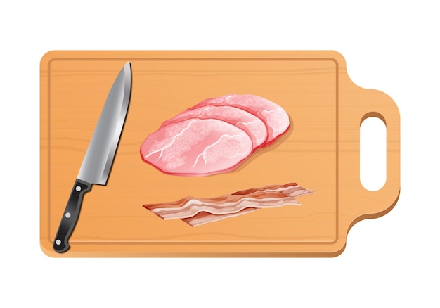 Raw pork slices chopping board wooden background top view