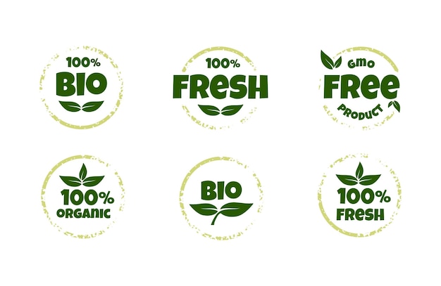 Необработанный набор тегов healthy food badges для кафе-ресторанов и упаковки bio lettering