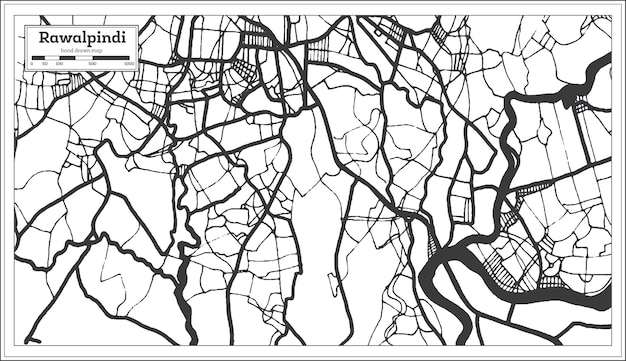 흑백 색상의 복고 스타일의 라왈핀디 파키스탄 도시 지도. 개요 지도. 벡터 일러스트 레이 션.