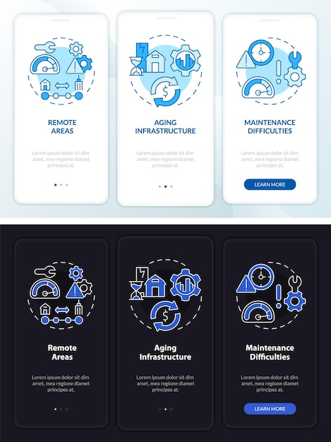RE obstacles night and day mode onboarding mobile app screen Walkthrough 3 steps graphic instructions pages with linear concepts UI UX GUI template Myriad ProBold Regular fonts used