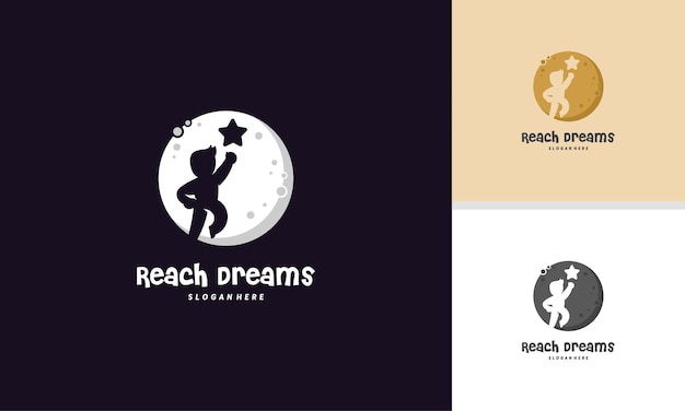 Reach Dreams-logo met maansymbool, Reaching Star-logo, online leren logo-ontwerpen vector, Kids Dream-logo