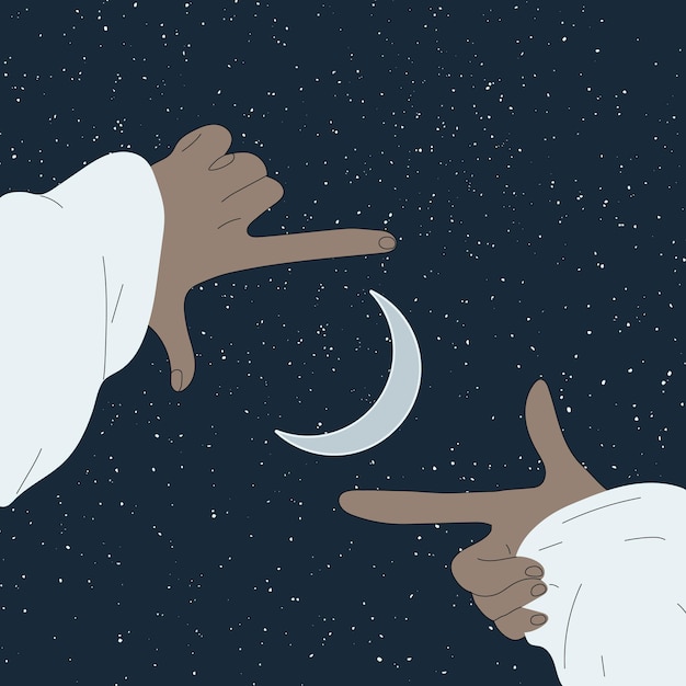 Reaching hands on moonlit night. Romantic vector illustration with hand gesture silhouette