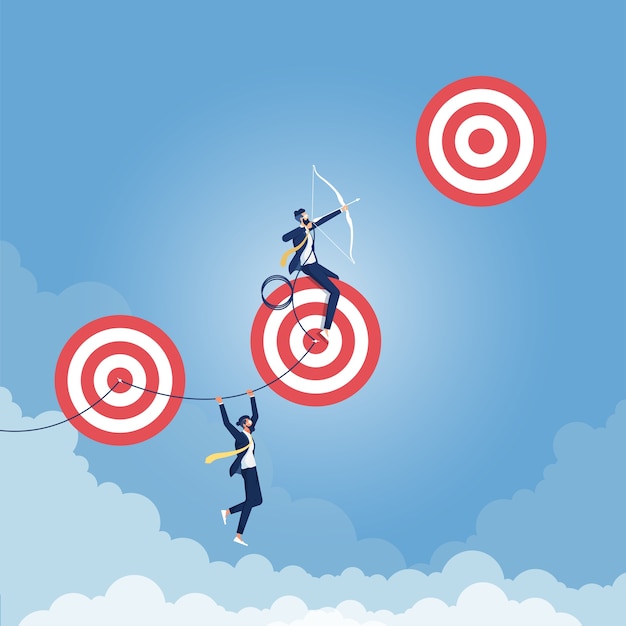 Reaching higher targets concept, excellent businessman taking aim on a high risk target