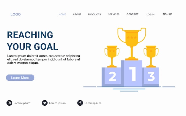 Reaching your goal. winner trophy cups stand on award podium. landing page for website and mobile.