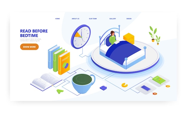 Read before bedtime landing page design website banner vector template Man reading book in bed Daily night routine