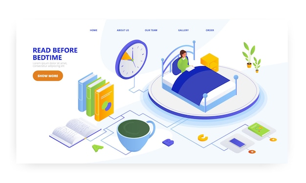 ベクトル 就寝前に読むランディングページデザインウェブサイトバナーベクトルテンプレートベッドで本を読む男毎日の夜のルーチン