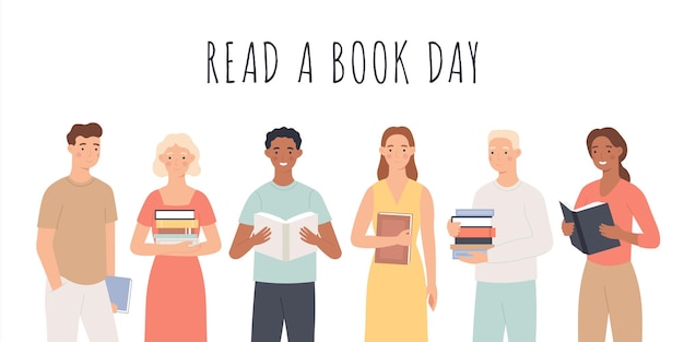 Vector read a book day. people standing with books, young men and women read books cultural festival world book day education hobby vector concept. person with book, reading and standing illustration