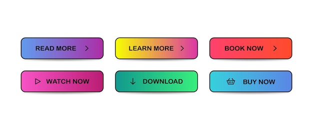 Read, learn more, book, watch, buy now, download. set of modern multicolored buttons. vector eps 10