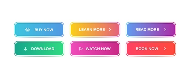 Read, Learn more, Book, Watch, Buy now, Download. Set of modern multicolored buttons. Vector EPS 10