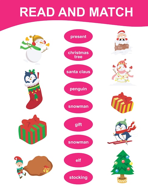 Read and match sheet. Matching English word with images using cute Christmas items. Vector File.