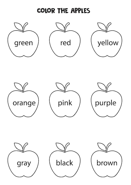 색상 및 색상 사과 이름 읽기 교육용 워크시트