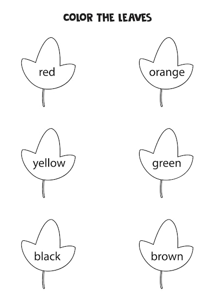 색상 이름과 색상 흑백 단풍을 읽으십시오. 아이들을 위한 색칠 공부 페이지.