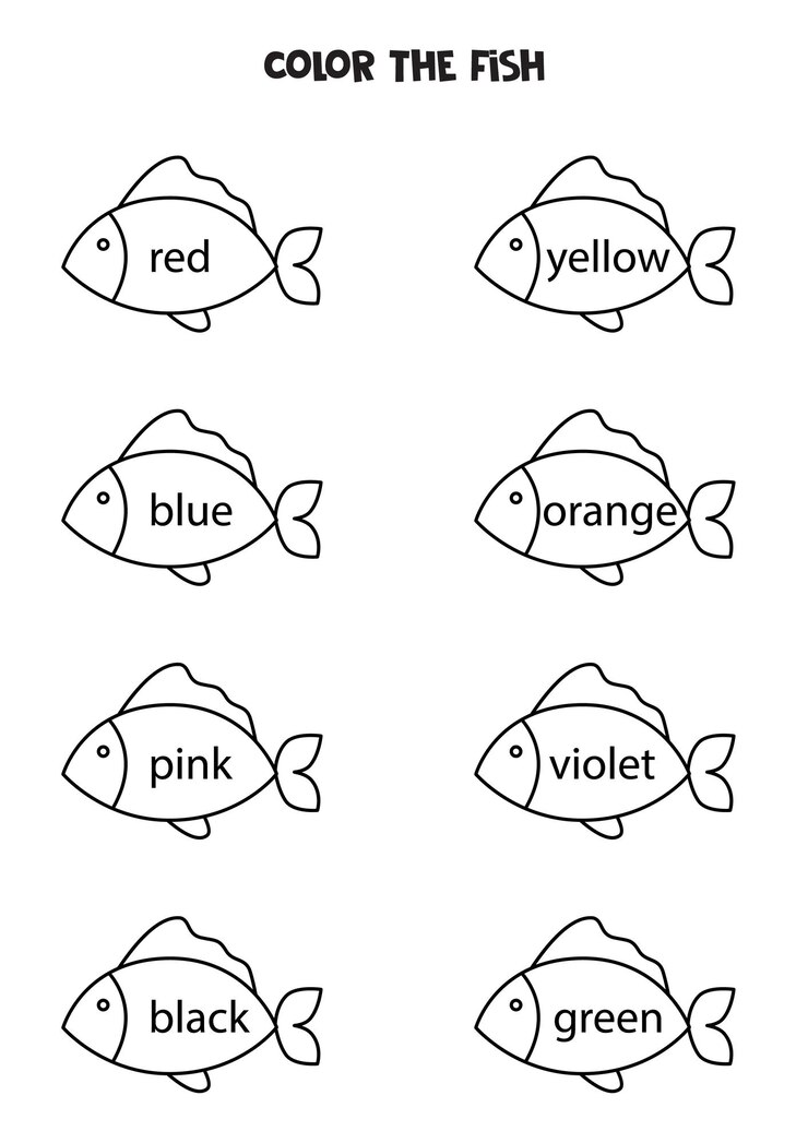 Vector read names of colors and color cute fish educational worksheet