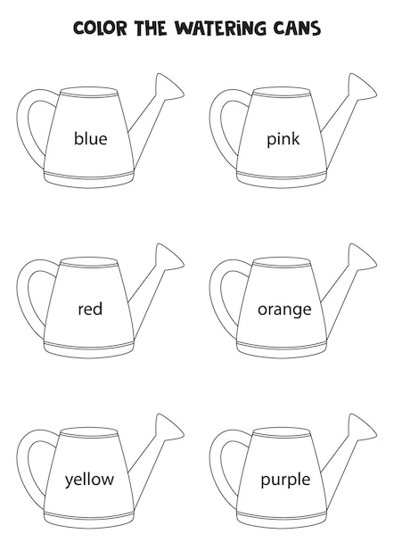 Read names of colors and color watering cans educational worksheet for kids