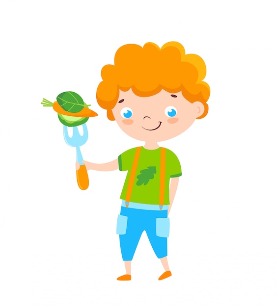 ベクトル フォークに生の有機食品とリードヘッドの小さな男の子。