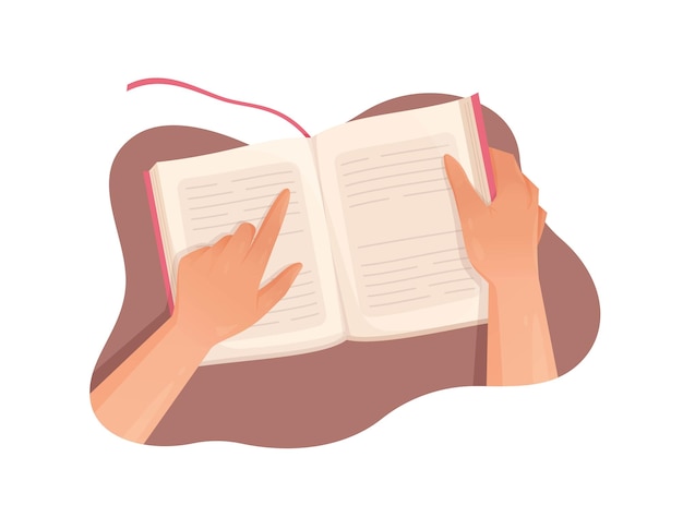 Чтение книги проведите пальцем по страницам книги векторная иллюстрация