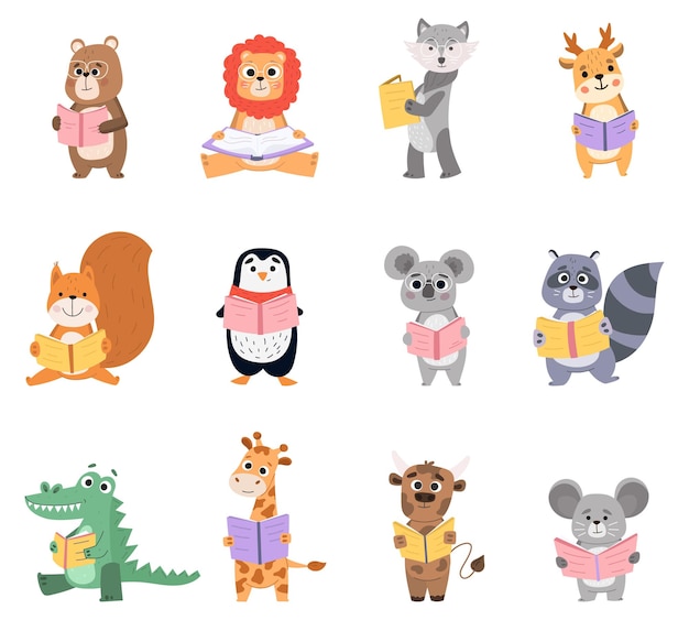 Vector reading animals characters bear lion and wolf read books animal kids learning to read books vector illustration set smart animals reading together squirrel penguin holding fairy tales