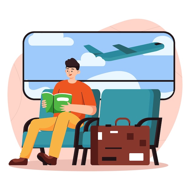 Leggere un libro all'aeroporto illustrazione