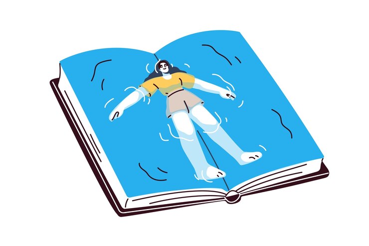 Вектор чтение художественной литературы книжный червь читатель плавает в фантастической воде на страницах концепция воображения крошечный персонаж библиофил плоская графическая векторная иллюстрация изолирована на белом фоне