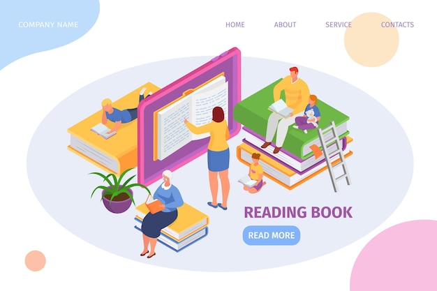 Reading book, isometric web page, vector illustration. Man woman people character use digital library, online electronic education.