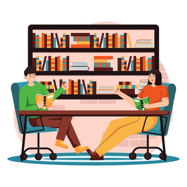 Reading A Book In The Library Illustration